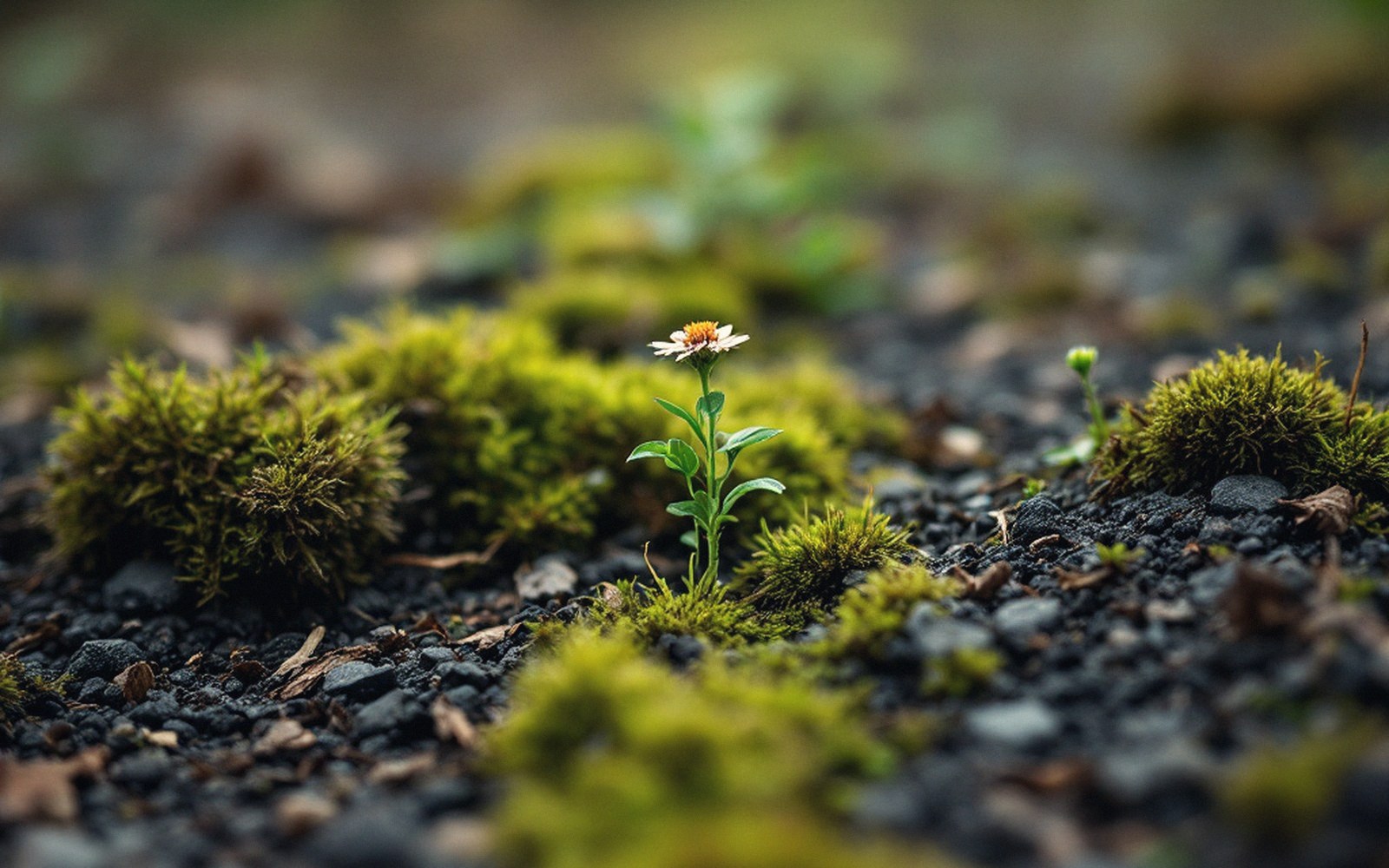 Small daisy sprouting between moss clumps on gravel substrate